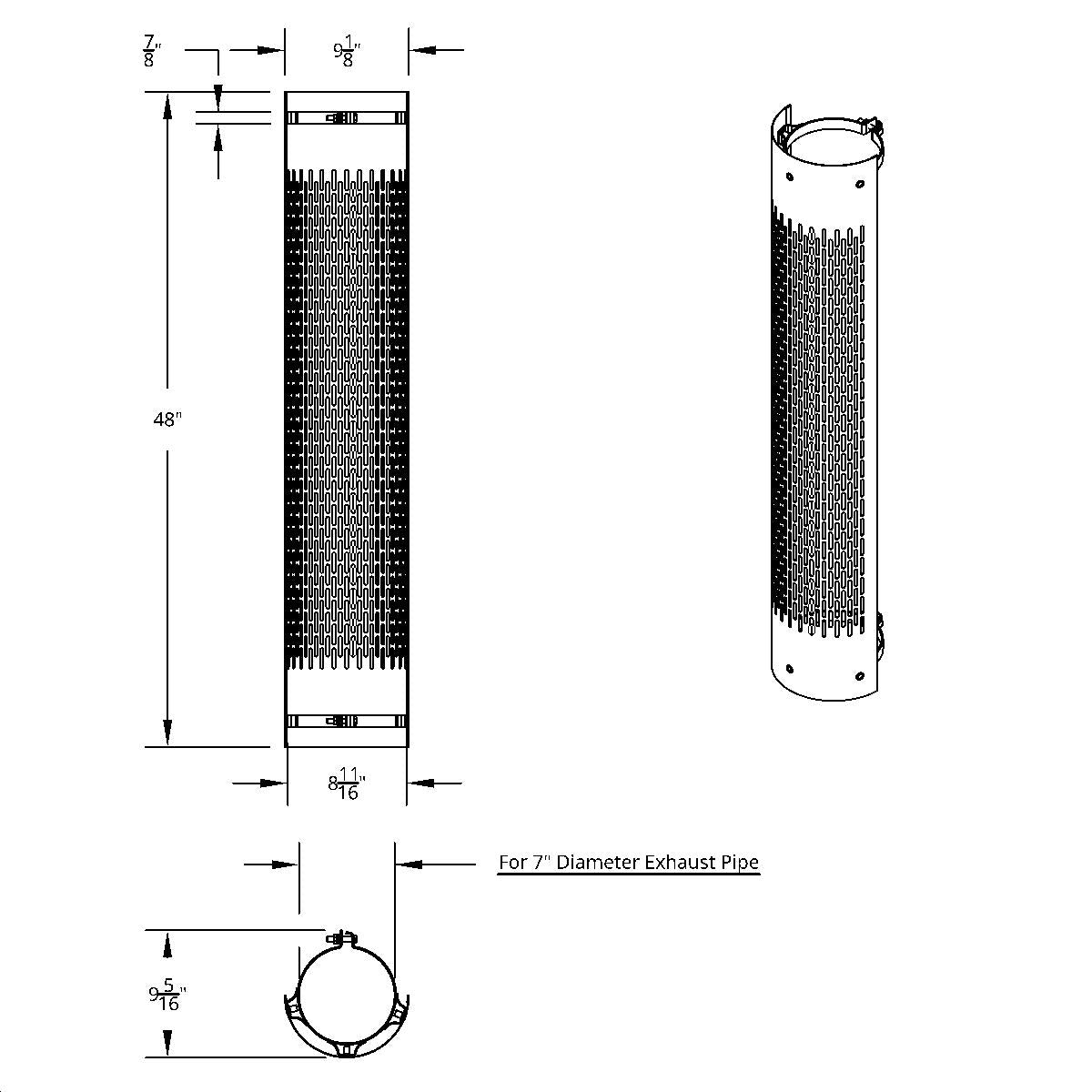 48" Tall 180 Degree Stainless Exhaust Muffler Shield For 7" Diameter Exhaust - Vertical Slot