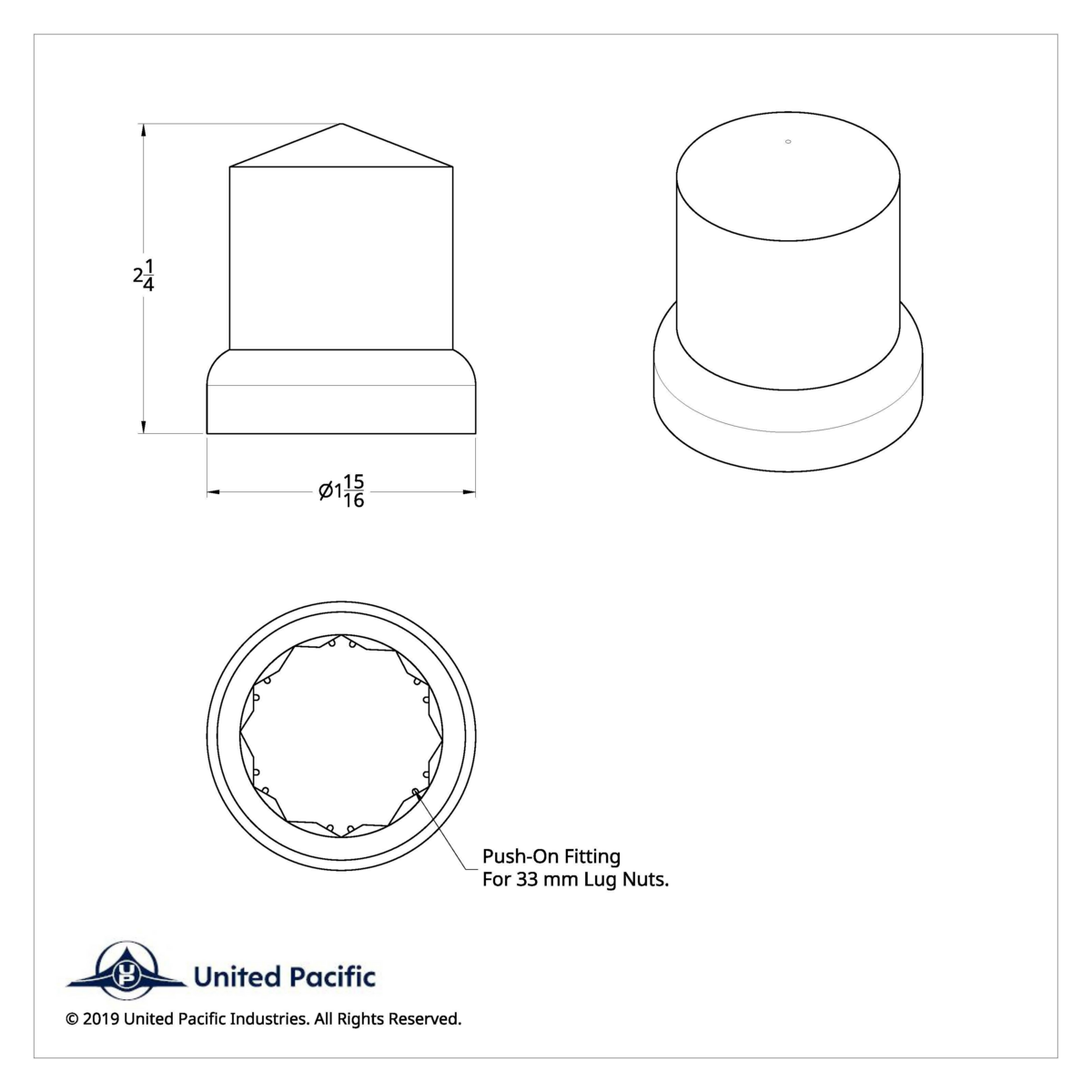 33mm x 2-1/4" Chrome Plastic Pointed Nut Covers - Push-On With Flange (Color Box of 10)