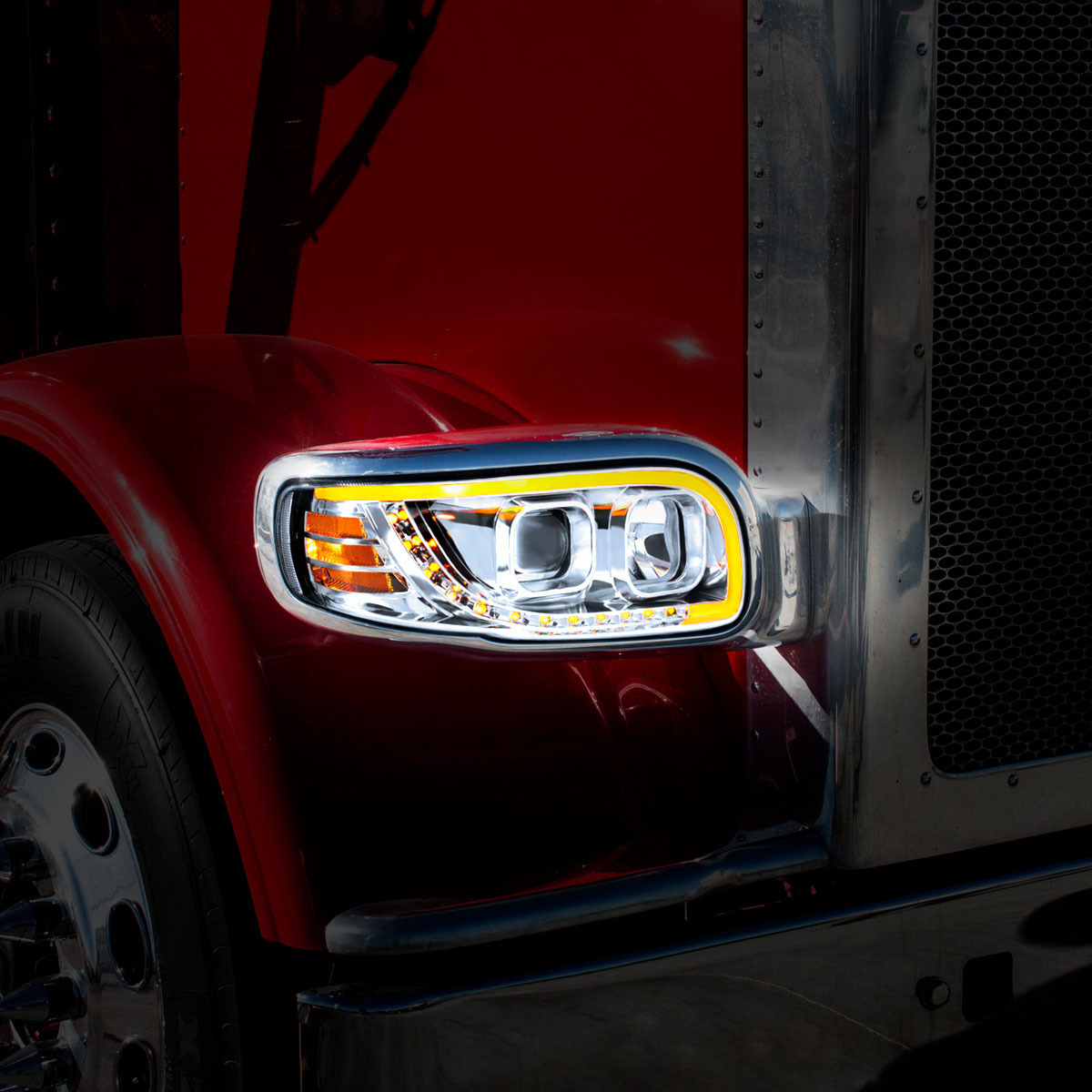 Chrome Projection Headlight With LED Turn Signal & Light Bar For 2008-2024 Peterbilt 389-Driver