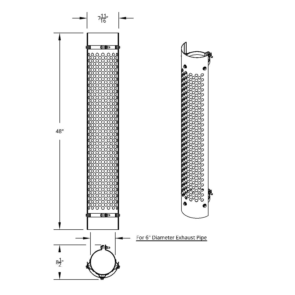 48" Tall 180 Degree Stainless Exhaust Muffler Shield For 6" Diameter Exhaust - Round Slot