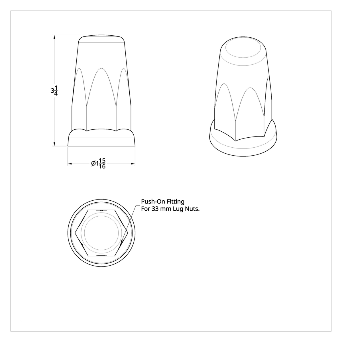 33mm X 3-1/4" Chrome Plastic Tall Classic Nut Covers - Push-On (60-Pack)