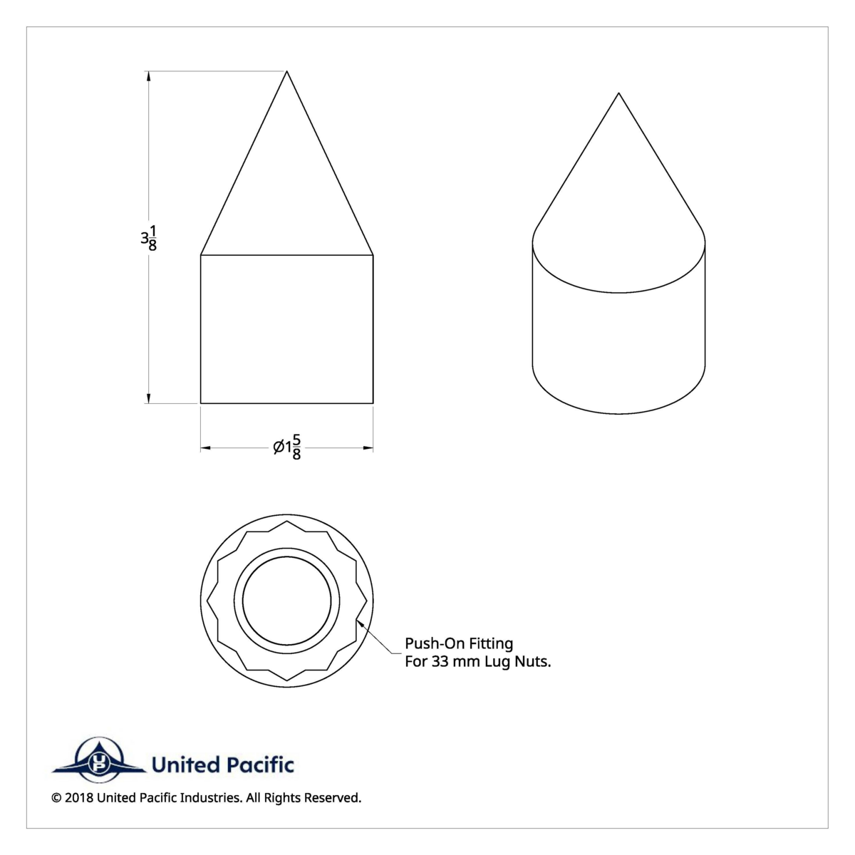 33mm X 3-1/8" Chrome Plastic Spike Nut Cover - Push-On (Bulk)