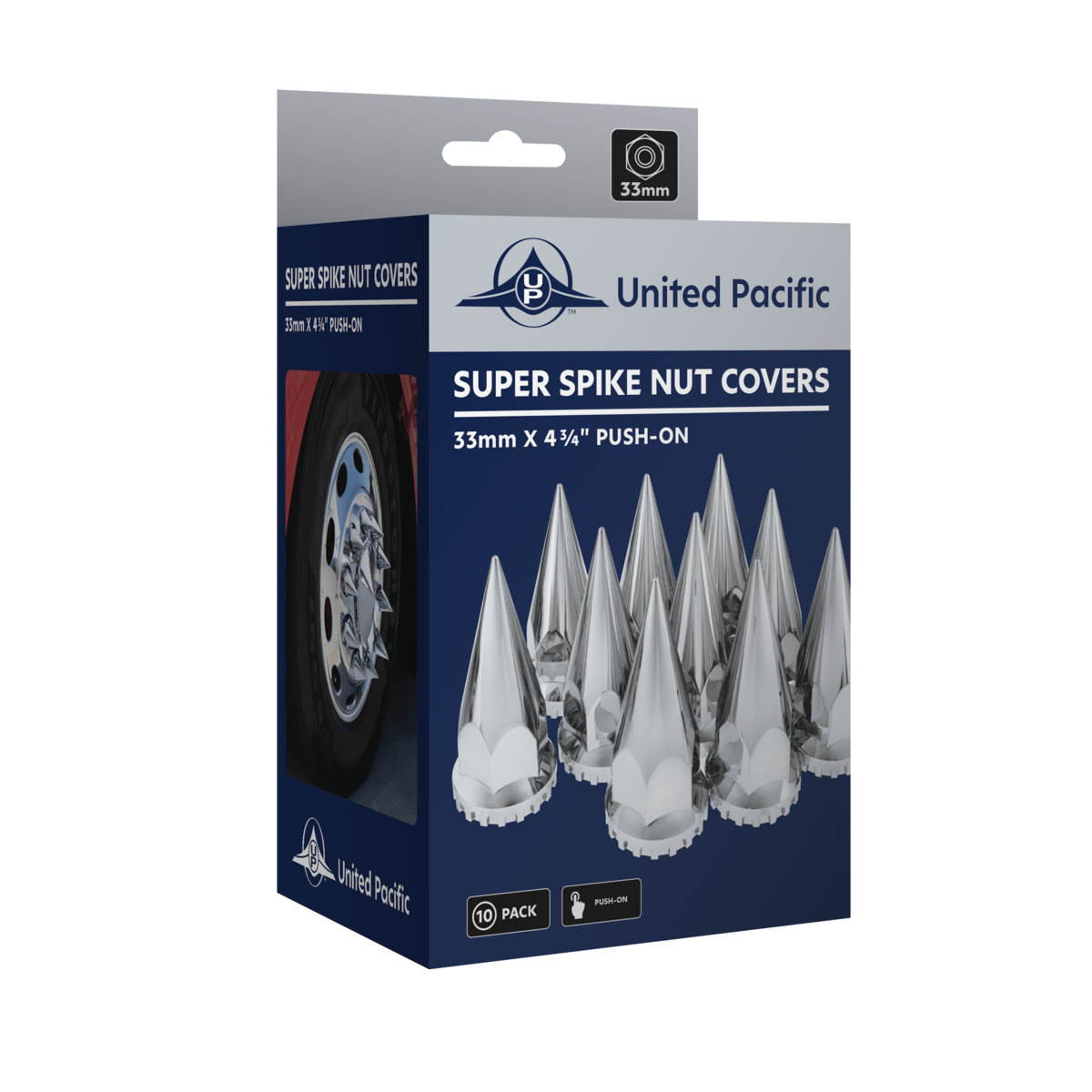 33mm X 4-3/4" Chrome Super Spike Nut Covers - Push-On (Box of 10)