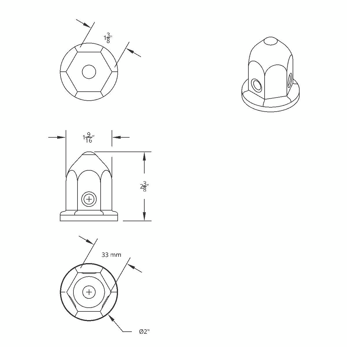 33mm X 2-3/8" Stainless Pointed Nut Cover With Flange