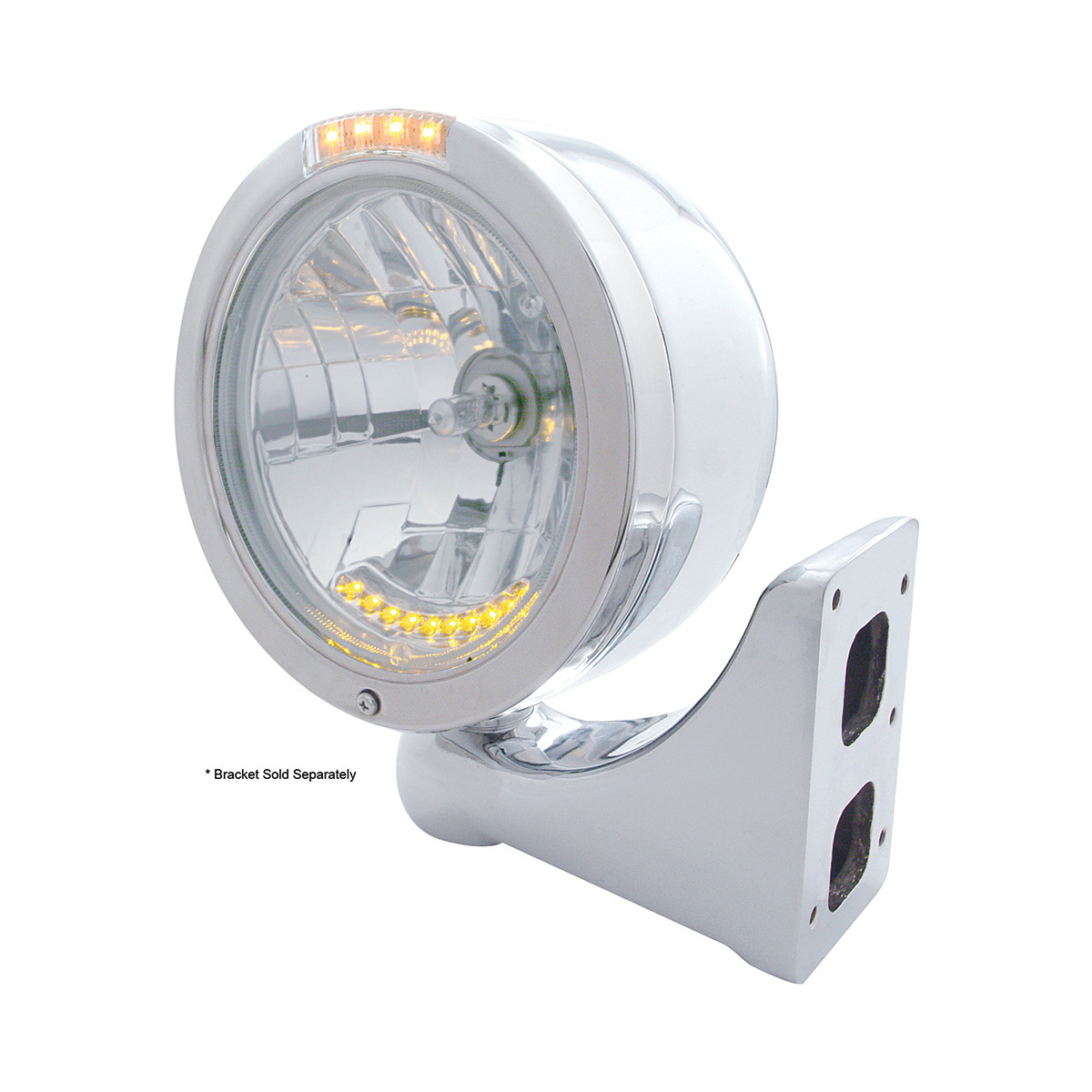 Stainless Steel Bullet Half Moon Headlight H4 With 10 Amber LED & Signal - Clear Lens