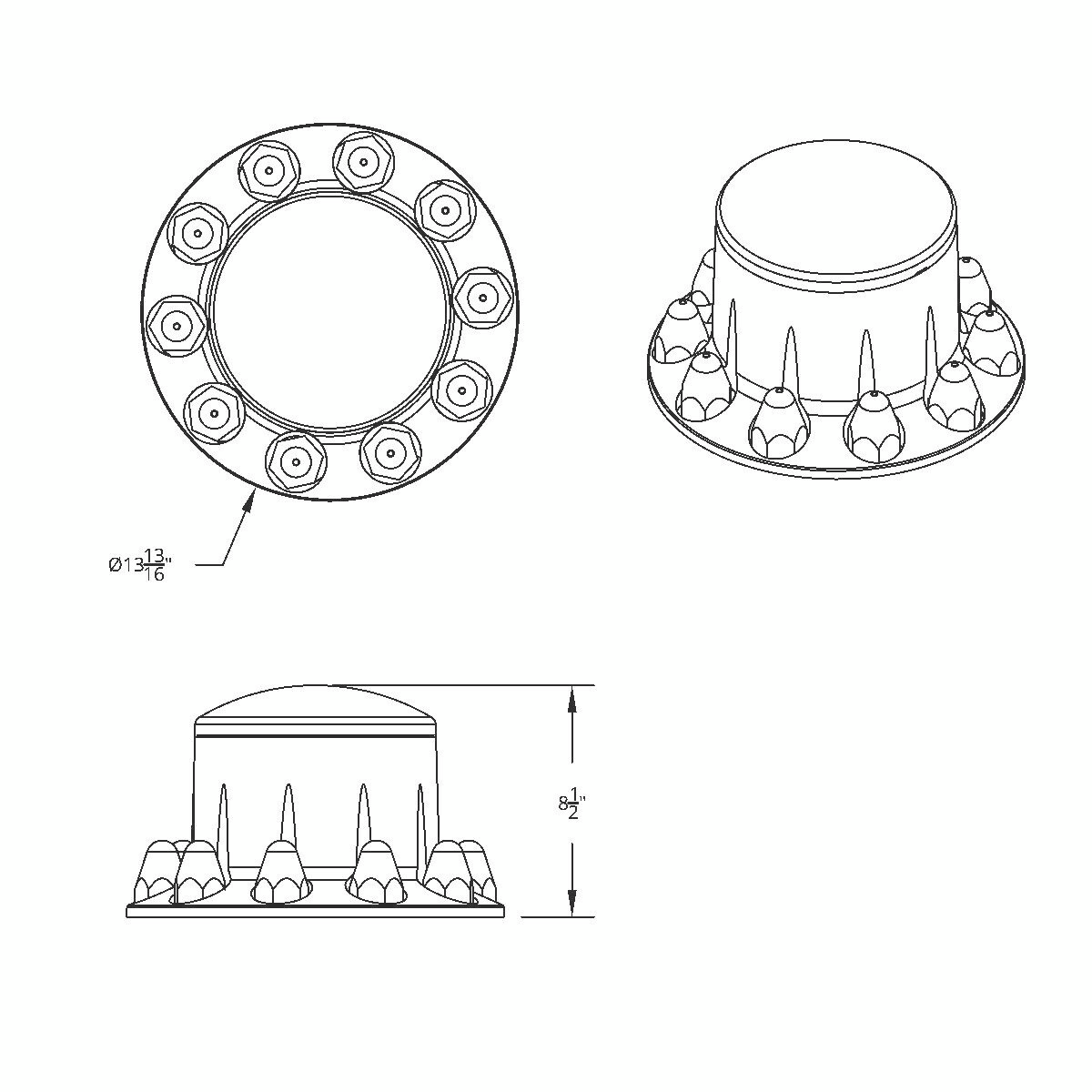 Dome Rear Axle Cover With 1-1/2" Push-On Standard Nut Covers - Chrome