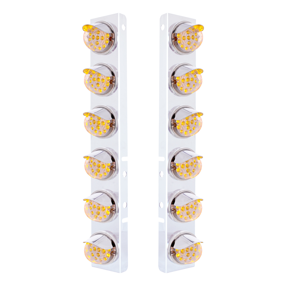 SS Front Air Cleaner Bracket With 12X 17 Amber LED Dual Function Reflector Lights & SS Visors For Peterbilt-Clear Lens