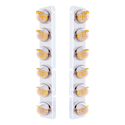 SS Front Air Cleaner Bracket With 12X 17 Amber LED Dual Function Reflector Lights & SS Visors For Peterbilt-Clear Lens