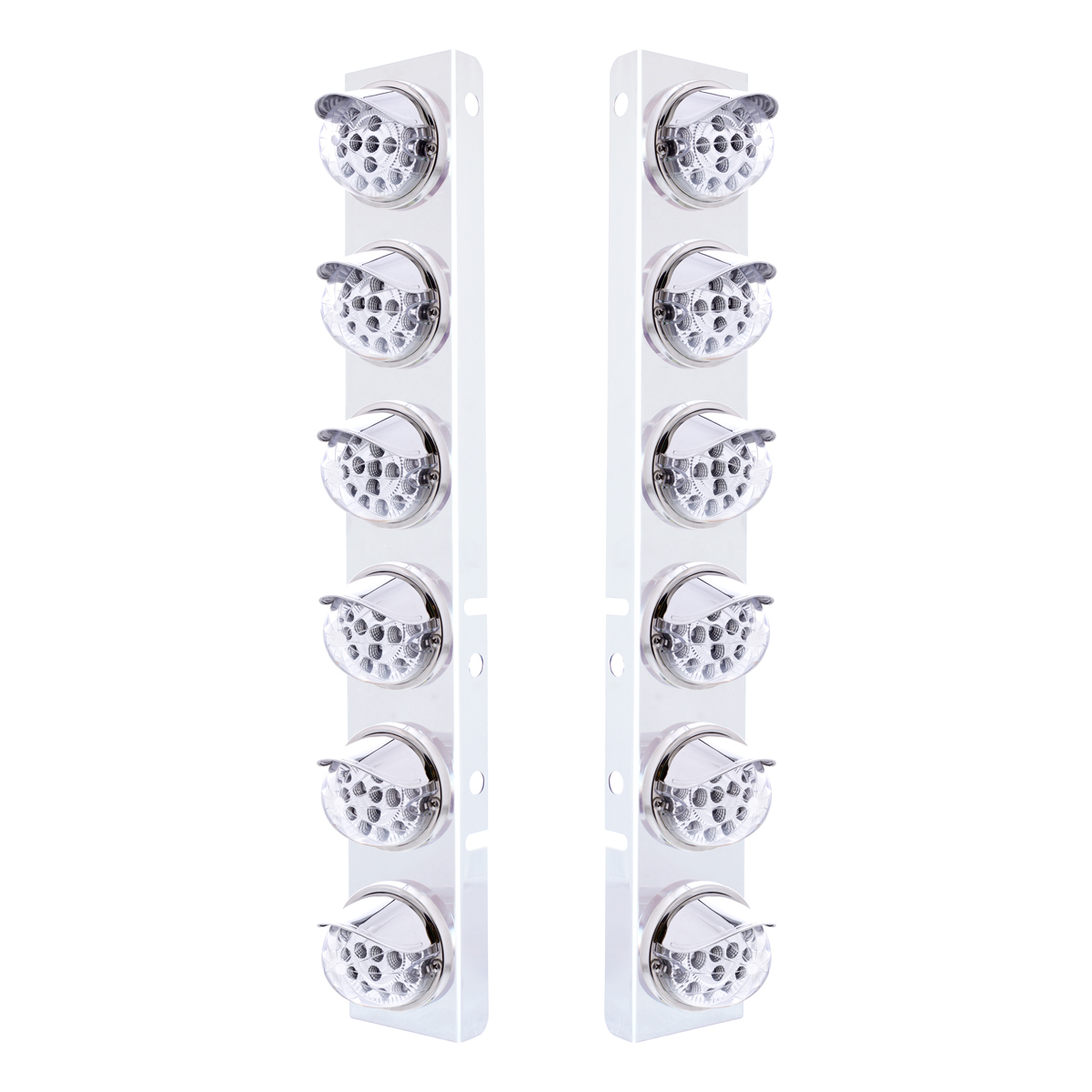 SS Front Air Cleaner Bracket With 12X 17 Amber LED Dual Function Reflector Lights & SS Visors For Peterbilt-Clear Lens