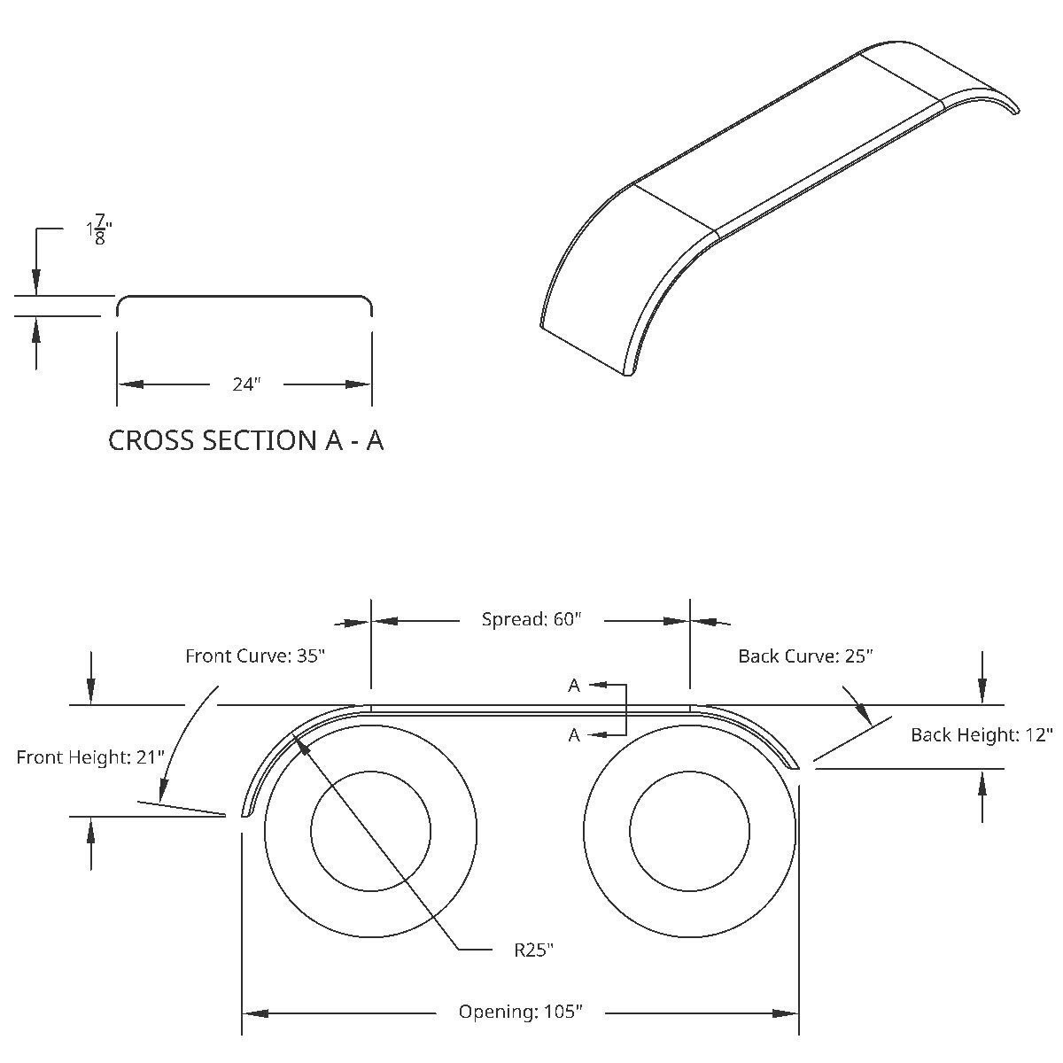 120" 430 Stainless Steel (16ga) Roll Formed Edge Smooth Full Fender 60" Spread - SS Series (Pair)