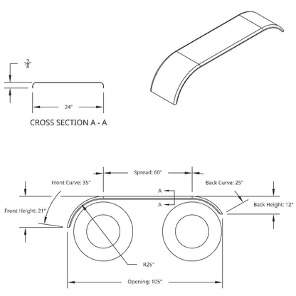 120" 430 Stainless Steel (16ga) Roll Formed Edge Smooth Full Fender 60" Spread - SS Series (Pair)