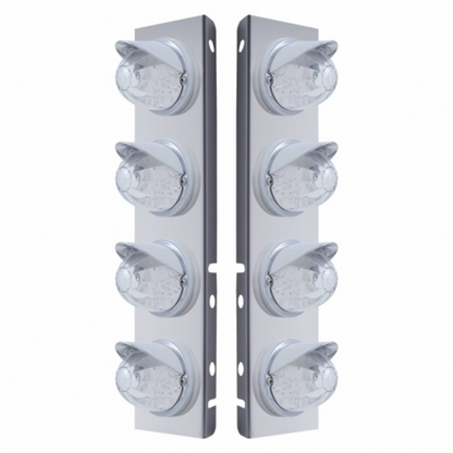 SS Front Air Cleaner Bracket With 8X 17 Amber LED Dual Func. Watermelon Lights & Visors For Peterbilt-Clear Lens