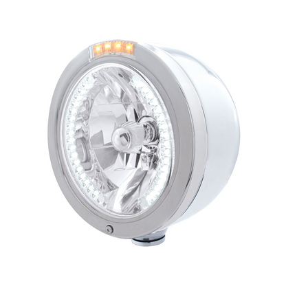 Stainless Steel Bullet Half Moon Headlight H4 With White LED & Signal - Clear Lens