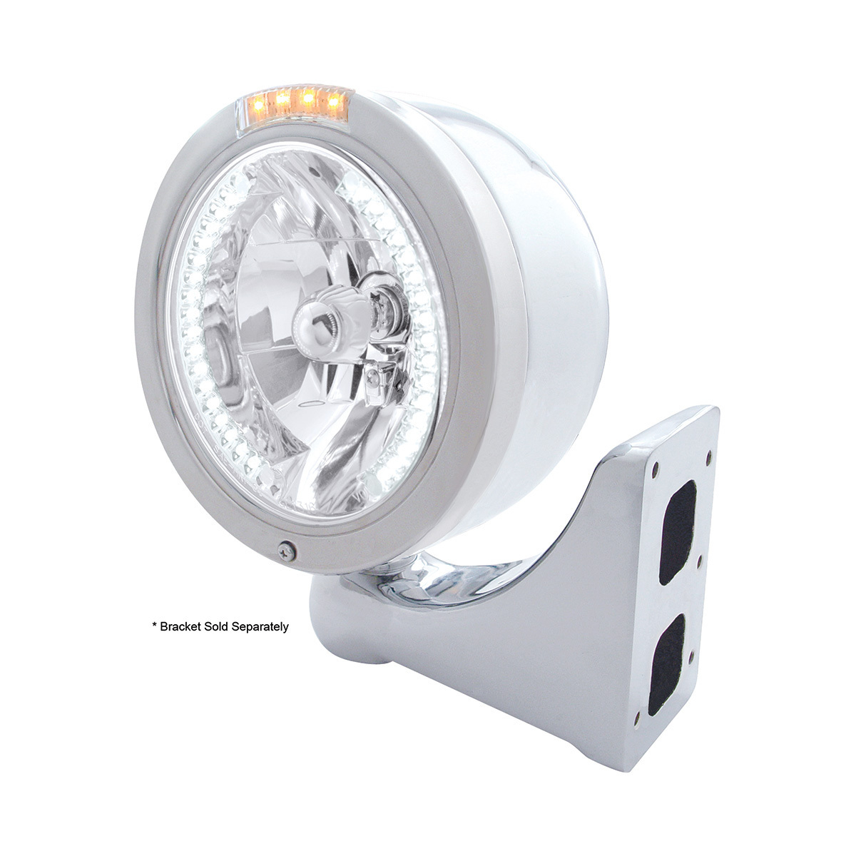Stainless Steel Bullet Half Moon Headlight H4 With White LED & Signal - Clear Lens