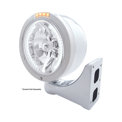 Stainless Steel Bullet Half Moon Headlight H4 With White LED & Signal - Clear Lens