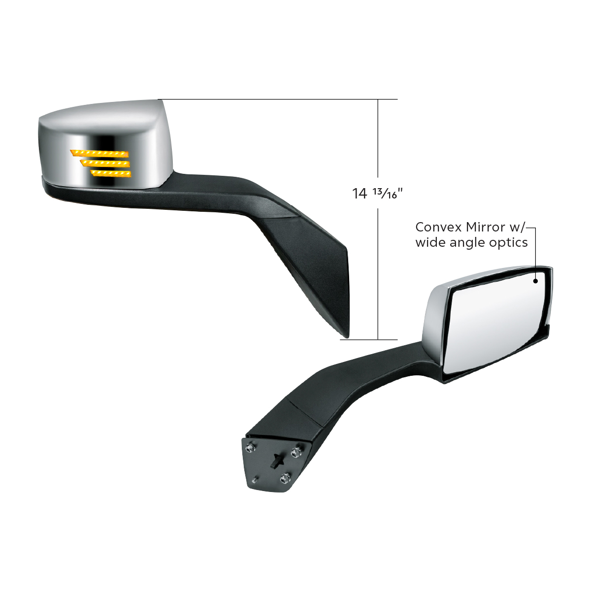 Chrome Hood Mirror Assembly With Sequential LED Turn Signal For 2004-2017 Volvo VNL-Passenger