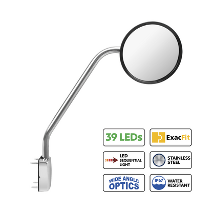 SS Hood Mirror Assembly W/ Sequential LED Turn Signal For 2013-2021 Kenworth T680 & Peterbilt 579 - Driver