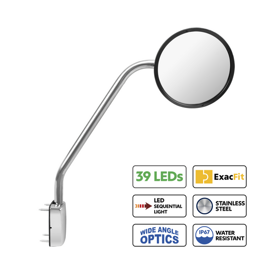 SS Hood Mirror Assembly W/ Sequential LED Turn Signal For 2013-2021 Kenworth T680 & Peterbilt 579 - Driver