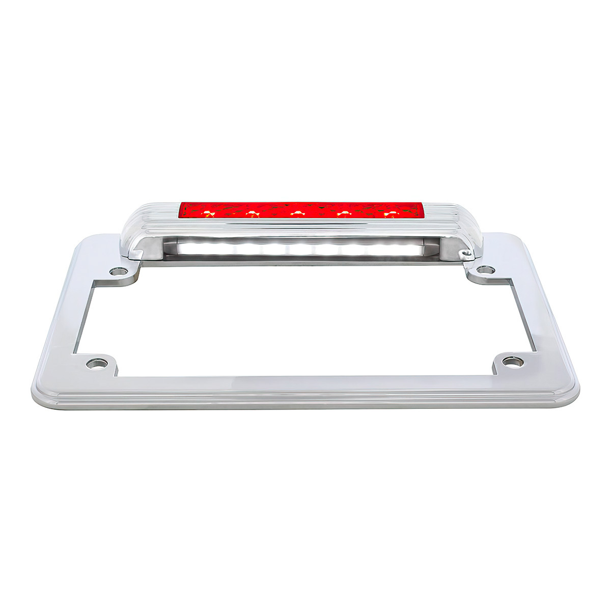 Chrome Motorcycle License Plate Frame With 3rd Brake Light - Red LED/Red Lens