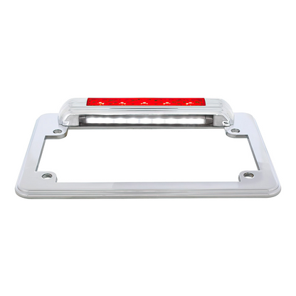 Chrome Motorcycle License Plate Frame With 3rd Brake Light - Red LED/Red Lens