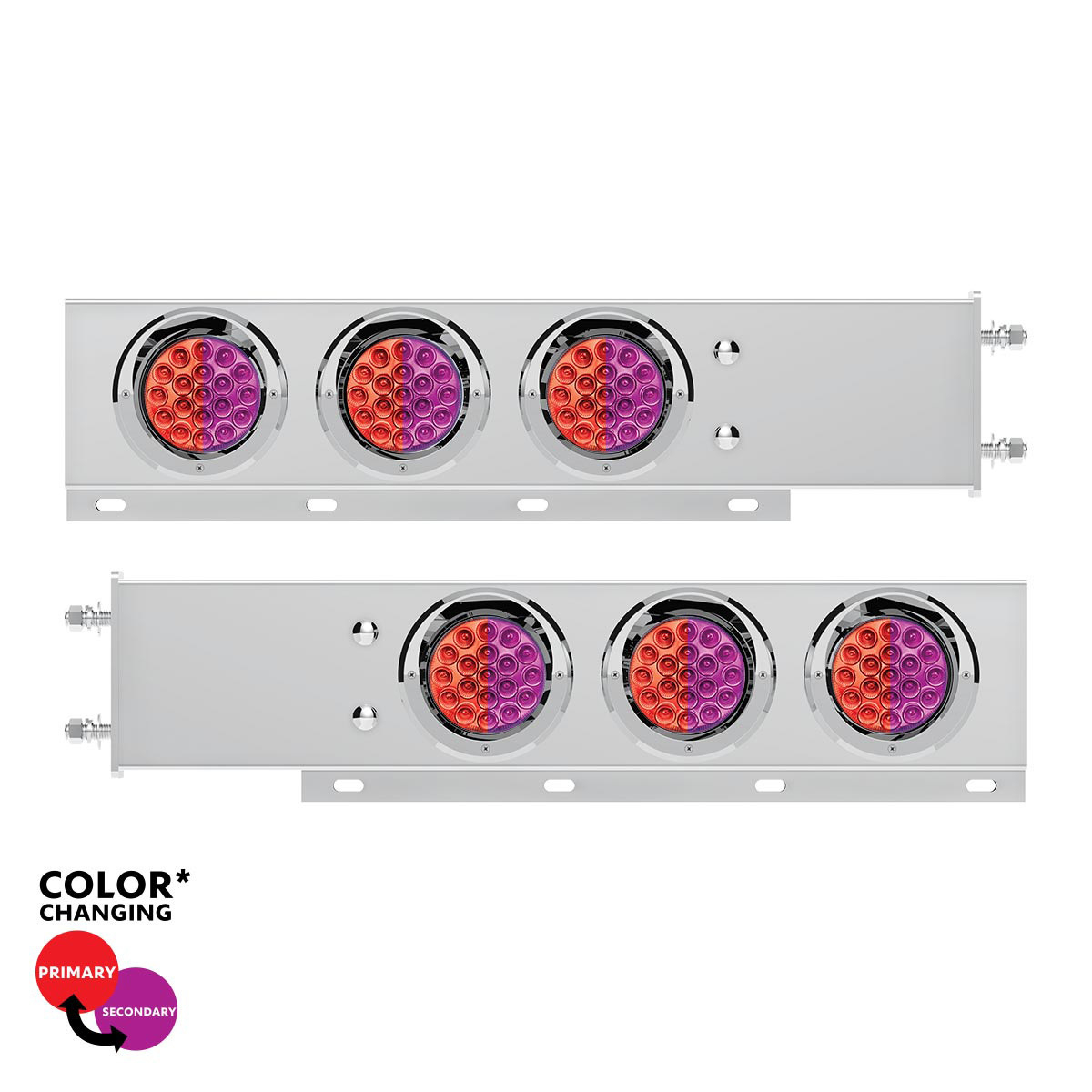 3-3/4" Bolt Pattern SS Spring Loaded Light Bar With 6X Double Fury 19 LED Lights & Visors-Red & Purple(Pair)
