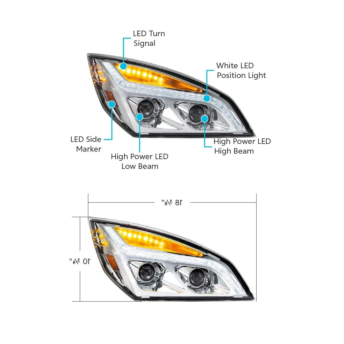 Chrome LED Projection Headlight With LED Position Light For 2018-2024 Freightliner Cascadia - Passenger