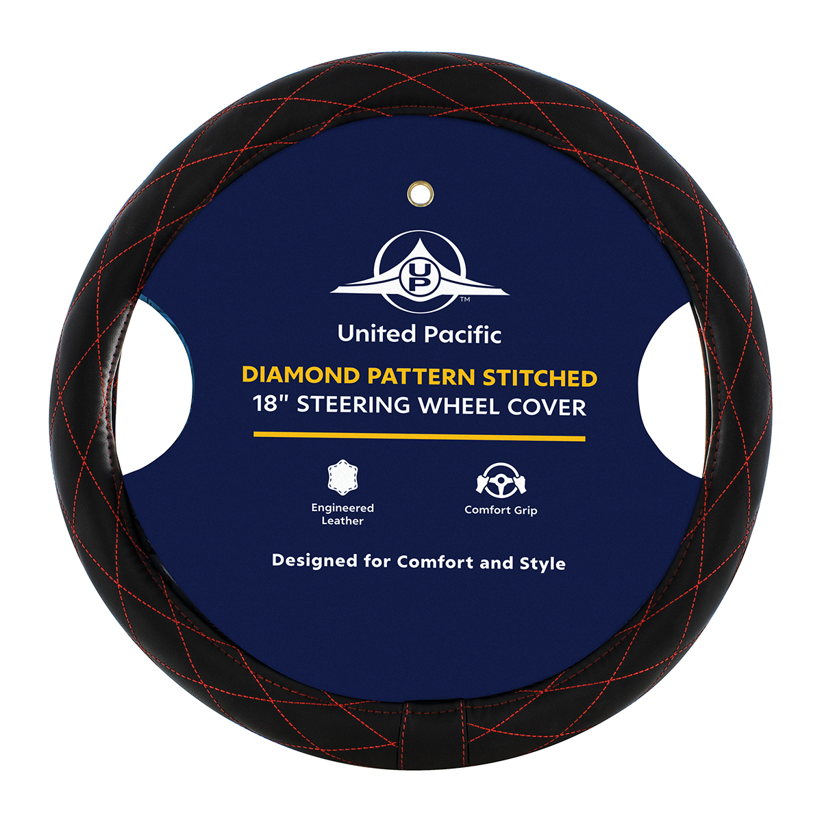 18" Crystal Stitched Leather Steering Wheel Cover - Red Stitching