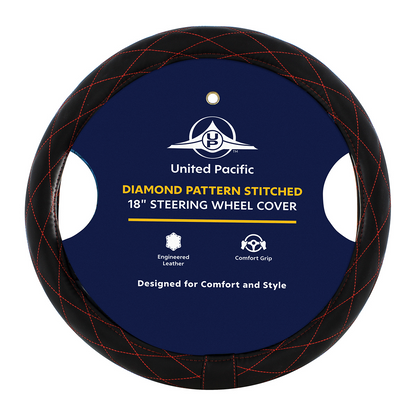 18" Crystal Stitched Leather Steering Wheel Cover - Red Stitching