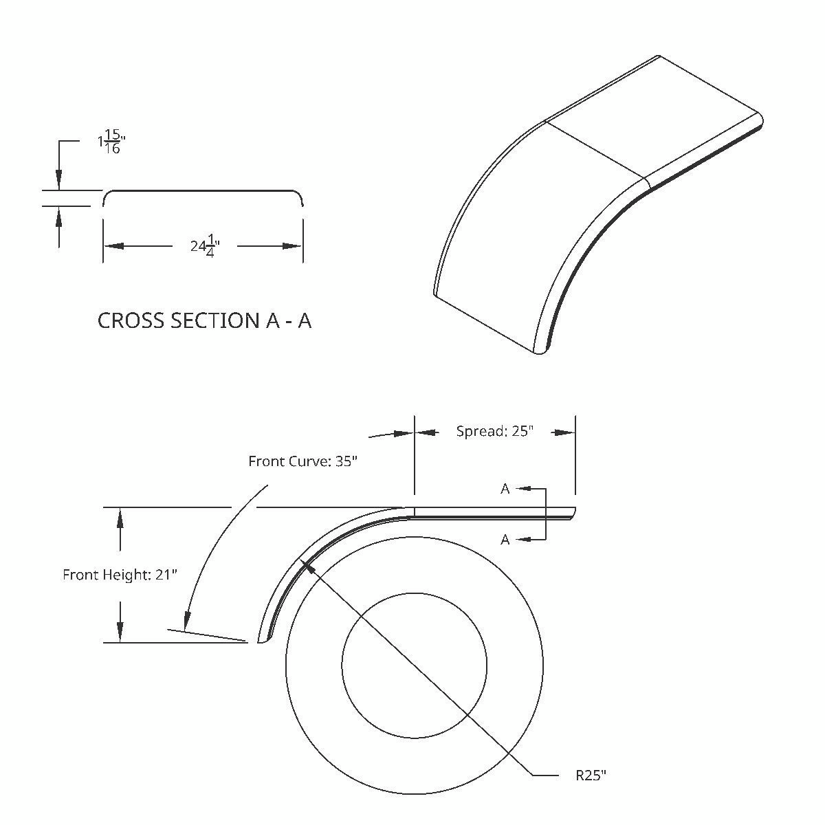 60" 430 Stainless Steel (16ga) Smooth Half Fender - SE Series (Pair)
