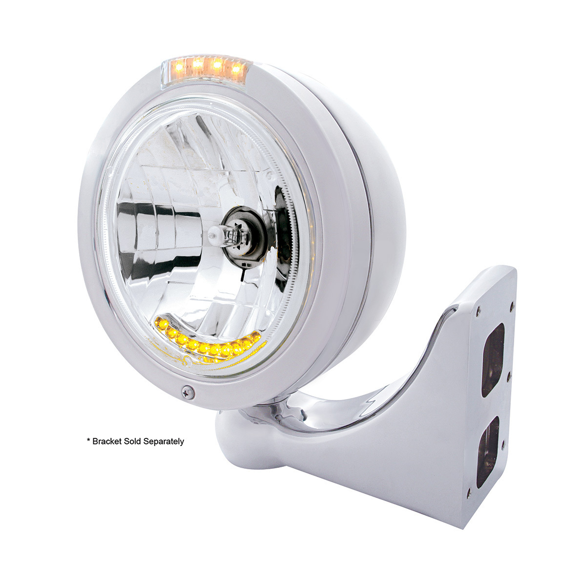 Stainless Steel Bullet Classic Headlight H4 With 10 Amber LED & Dual Mode LED Signal - Clear Lens