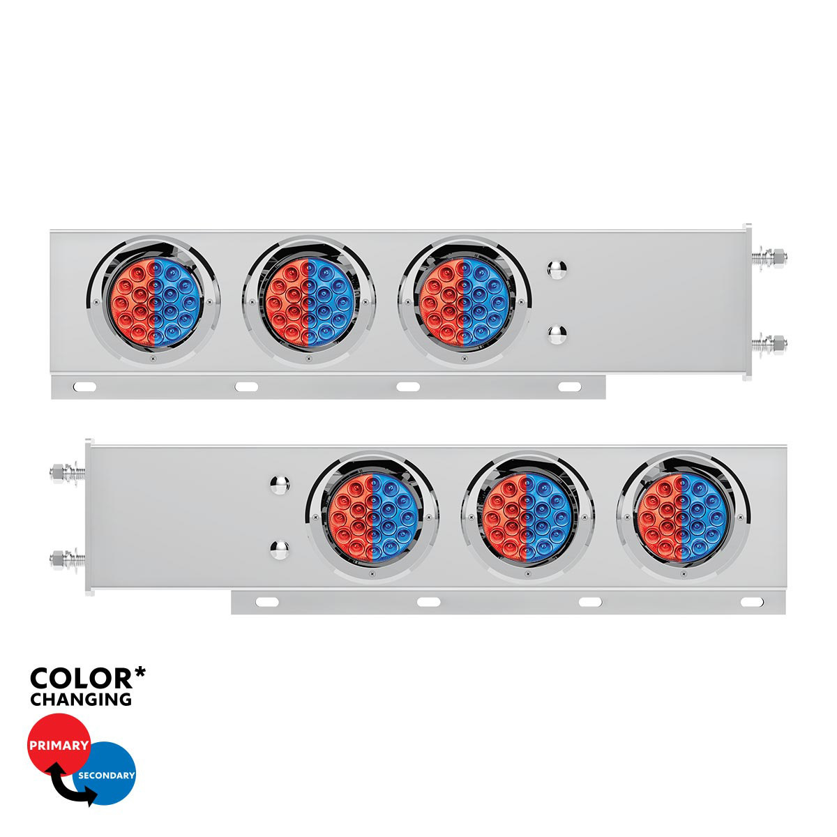 3-3/4" Bolt Pattern SS Spring Loaded Light Bar With 6X Double Fury 19 LED Lights & Visors-Red & Blue(Pair)