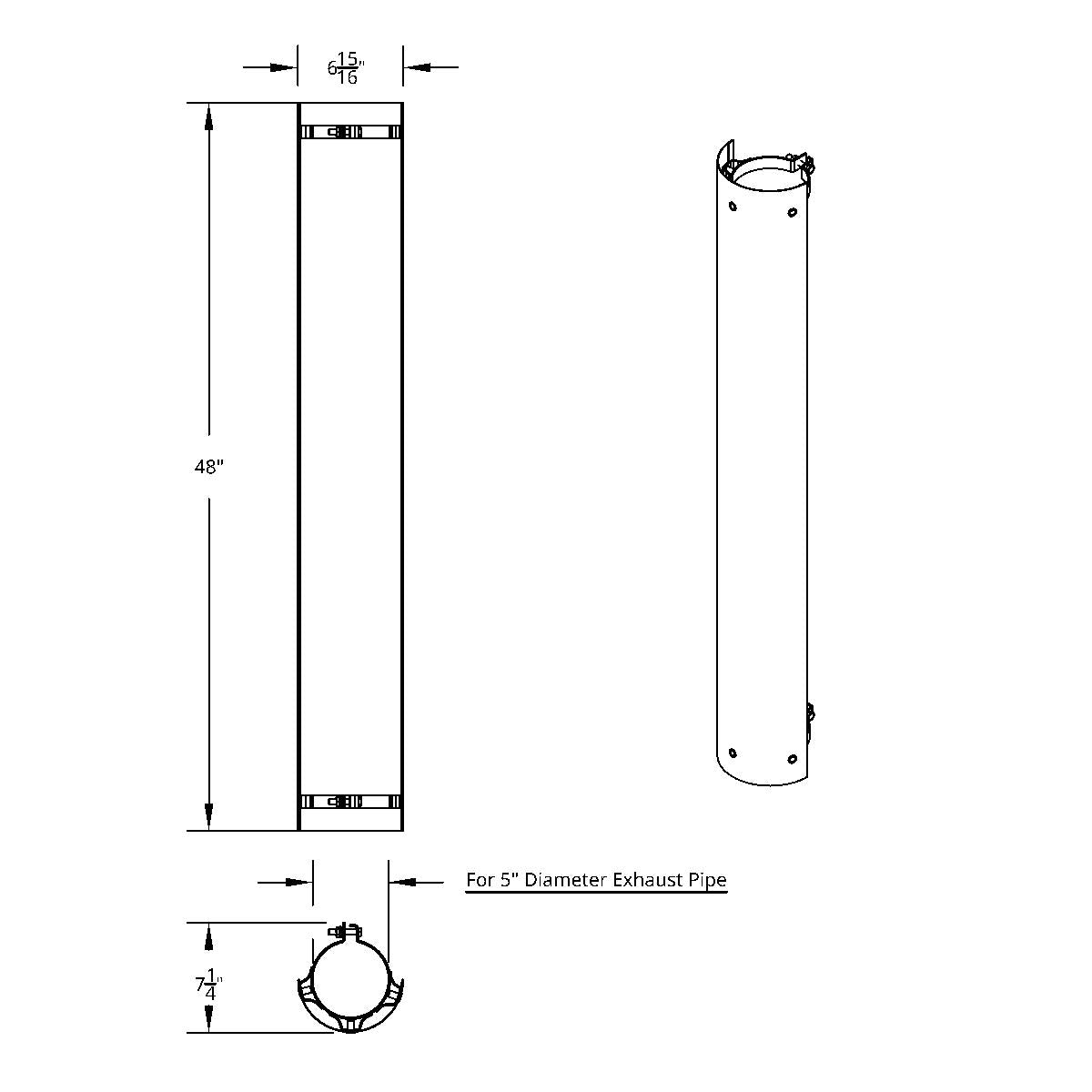 48" Tall 180 Degree Stainless Exhaust Muffler Shield For 5" Diameter Exhaust - Plain
