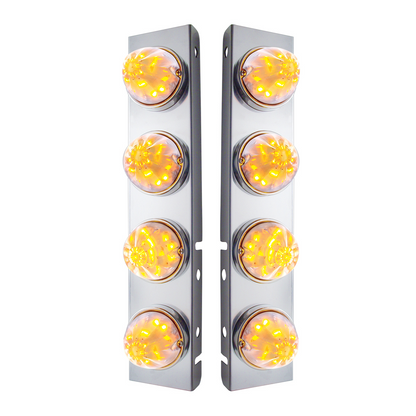 SS Front Air Cleaner Bracket With 8X 17 LED Watermelon Lights & SS Bezels For Peterbilt -Amber LED/Clear Lens (Pair)