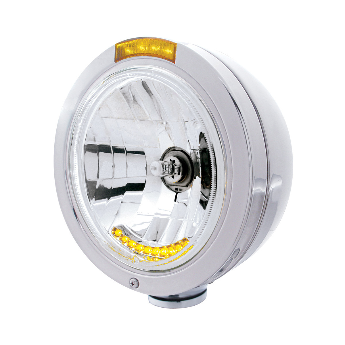 Stainless Steel Bullet Classic Headlight H4 With 10 Amber LED & Dual Mode LED Signal - Amber Lens