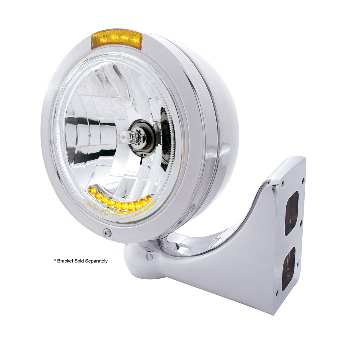 Stainless Steel Bullet Classic Headlight H4 With 10 Amber LED & Dual Mode LED Signal - Amber Lens