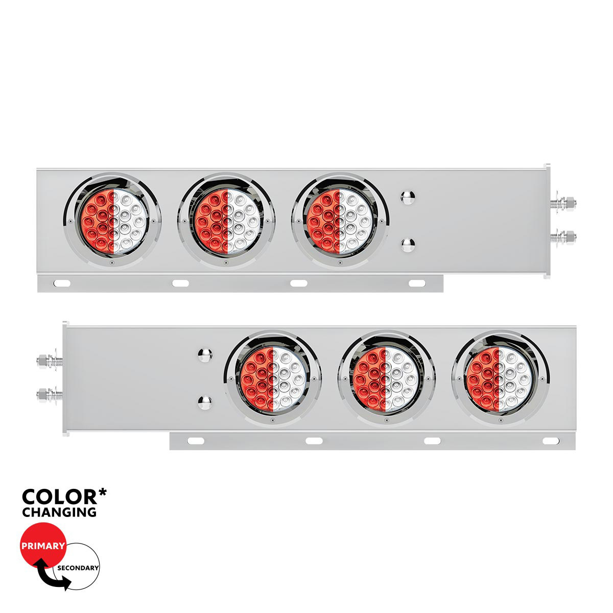 2" Bolt Pattern SS Spring Loaded Light Bar With 6X Double Fury 19 LED Lights & Visors-Red & White LED (Pair)