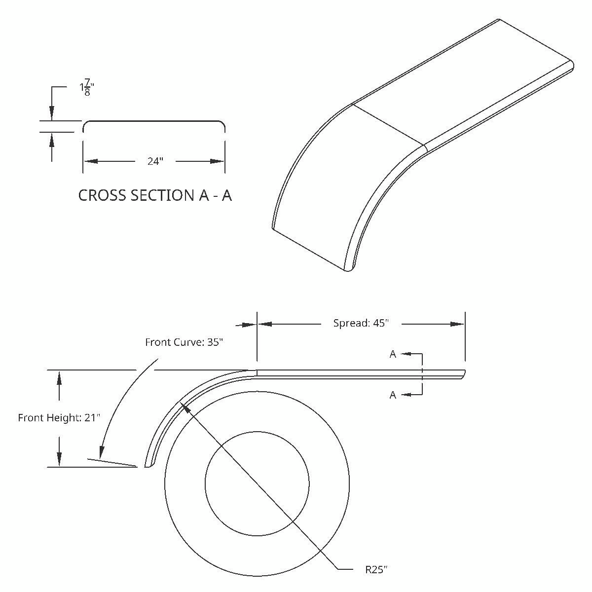 80" 430 Stainless Steel (16ga) Roll Formed Edge Smooth Half Fender - SS Series (Pair)