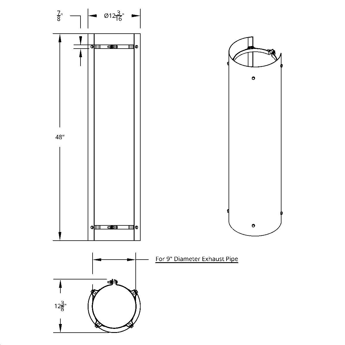 48" Tall 270 Degree Stainless Exhaust Muffler Shield For 9" Diameter Exhaust - Plain