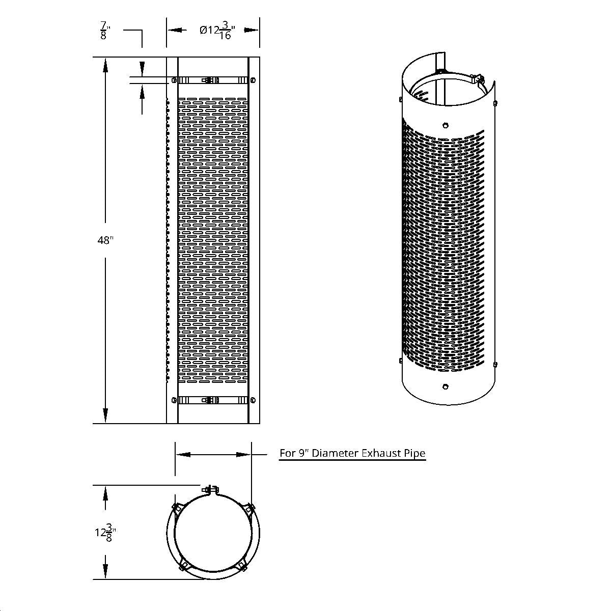 48" Tall 270 Degree Stainless Exhaust Muffler Shield For 9" Diameter Exhaust - Horizontal Slot