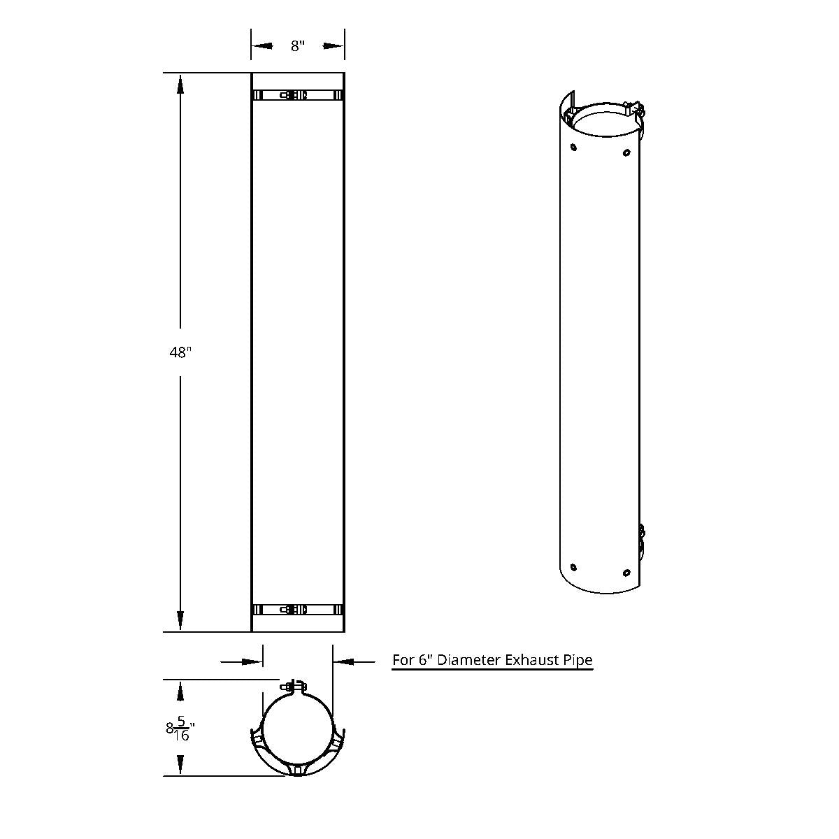 48" Tall 180 Degree Stainless Exhaust Muffler Shield For 6" Diameter Exhaust - Plain