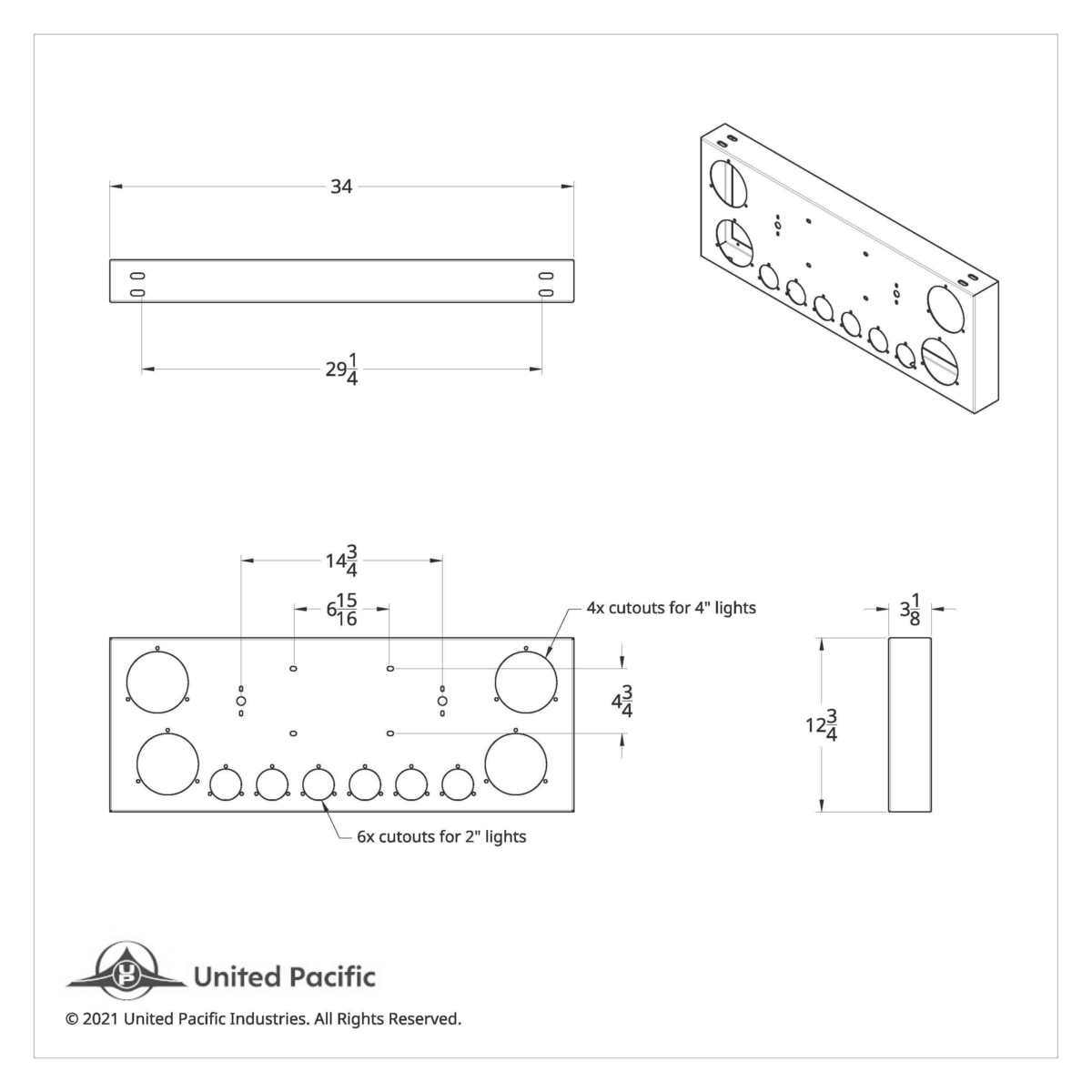 33-3/4" SS Rear Center Light Panel With Four 4" & Six 2" Light Cutouts