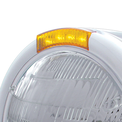 Stainless Steel Classic Half Moon Headlight 6014 Bulb & LED Turn Signal - Amber Lens