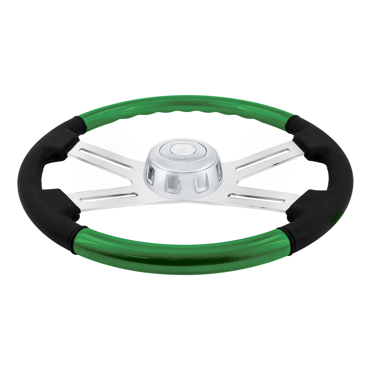 18" Leather & Wood Candy Color 4 Spoke Steering Wheel With Chrome Horn Bezel-Candy Apple Green