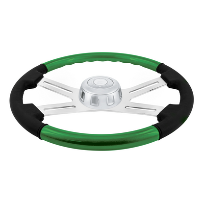 18" Leather & Wood Candy Color 4 Spoke Steering Wheel With Chrome Horn Bezel-Candy Apple Green