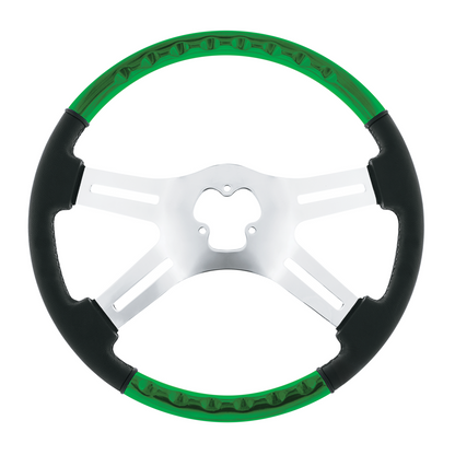 18" Leather & Wood Candy Color 4 Spoke Steering Wheel With Chrome Horn Bezel-Candy Apple Green