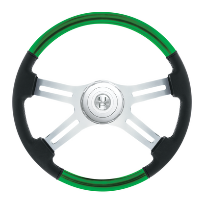 18" Leather & Wood Candy Color 4 Spoke Steering Wheel With Chrome Horn Bezel-Candy Apple Green