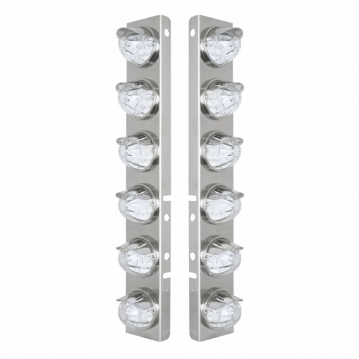 SS Front Air Cleaner Brkt With 12X 17 Amber LED Dual Func. Watermelon Lights & SS Visors For Peterbilt-Clear Lens