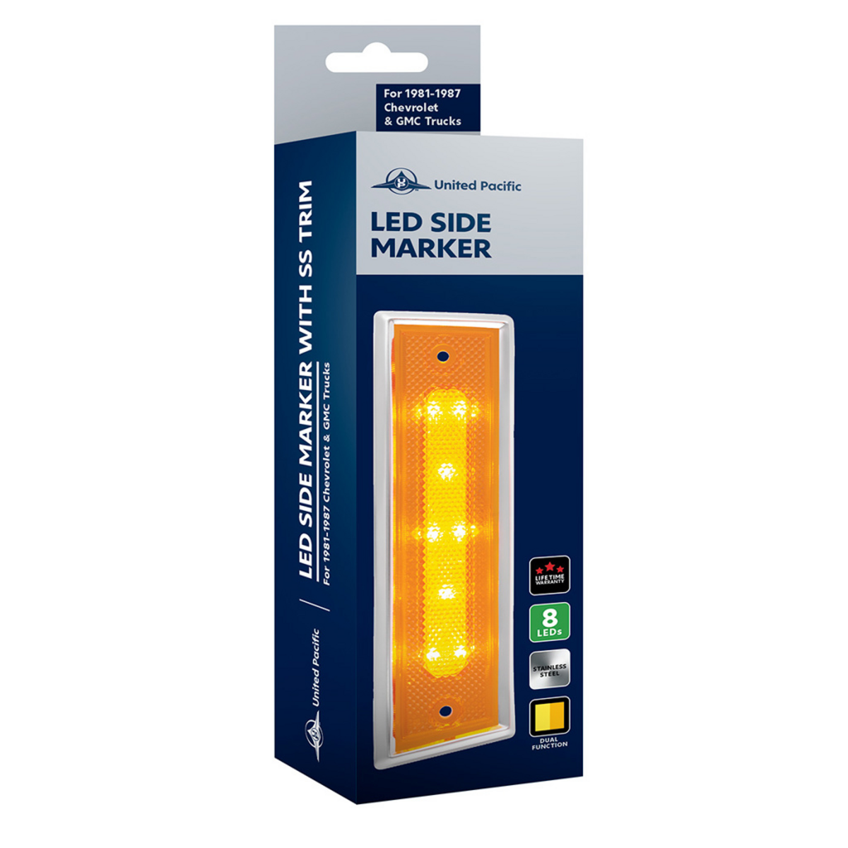 8 Amber LED Dual Function Side Marker With SS Trim For 1981-1987 Chevrolet & GMC Truck - L/H