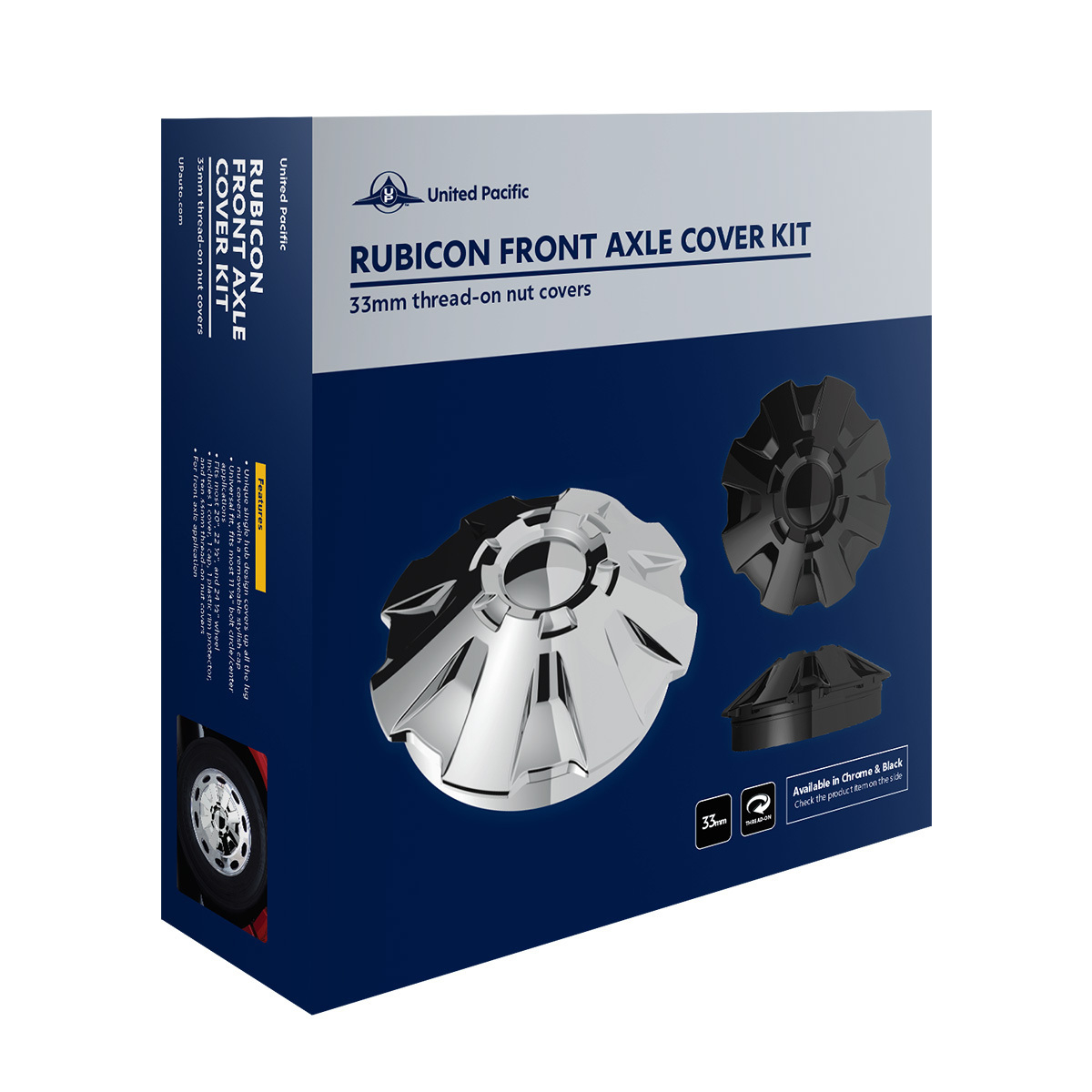 Rubicon Front Axle Cover Kit With 33mm Thread-On Nut Covers-Chrome