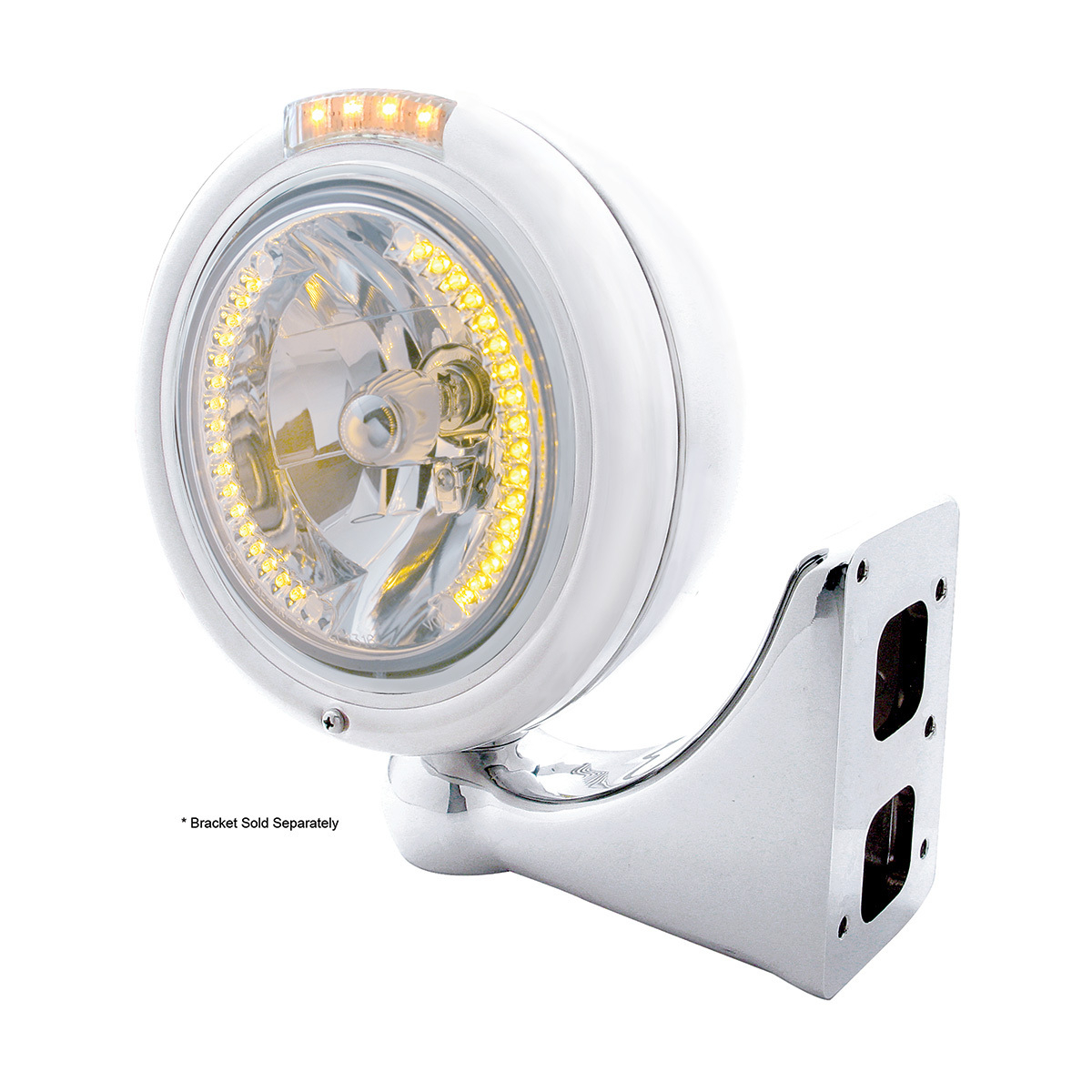 Stainless Steel Classic Headlight H4 With 34 Amber LED & Dual Mode LED Signal - Clear Lens